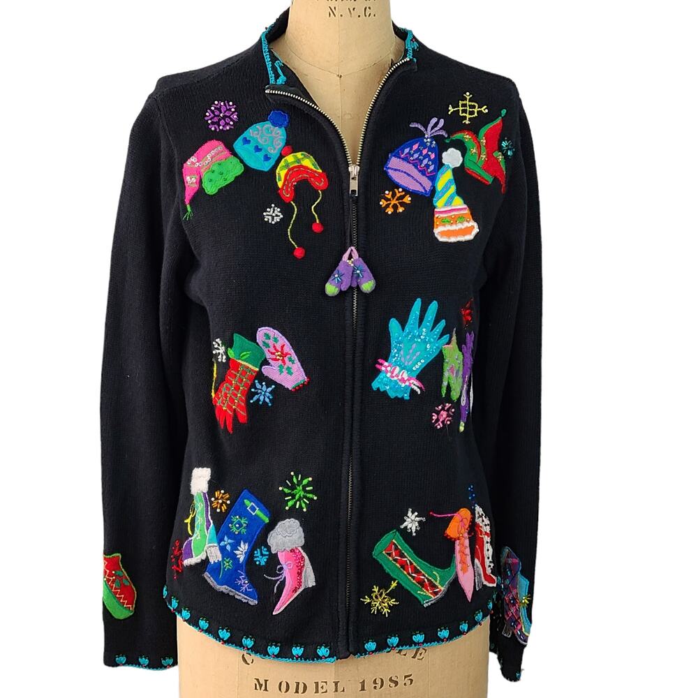 Vintage black zip cardigan sweater bright winter caps mittens Small